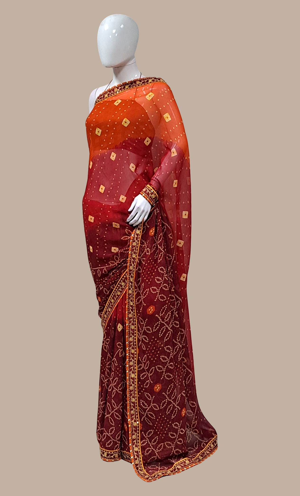 Burnt Orange Bandhani Printed Sari