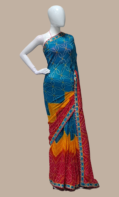 Deep Teal Bandhani Printed Sari