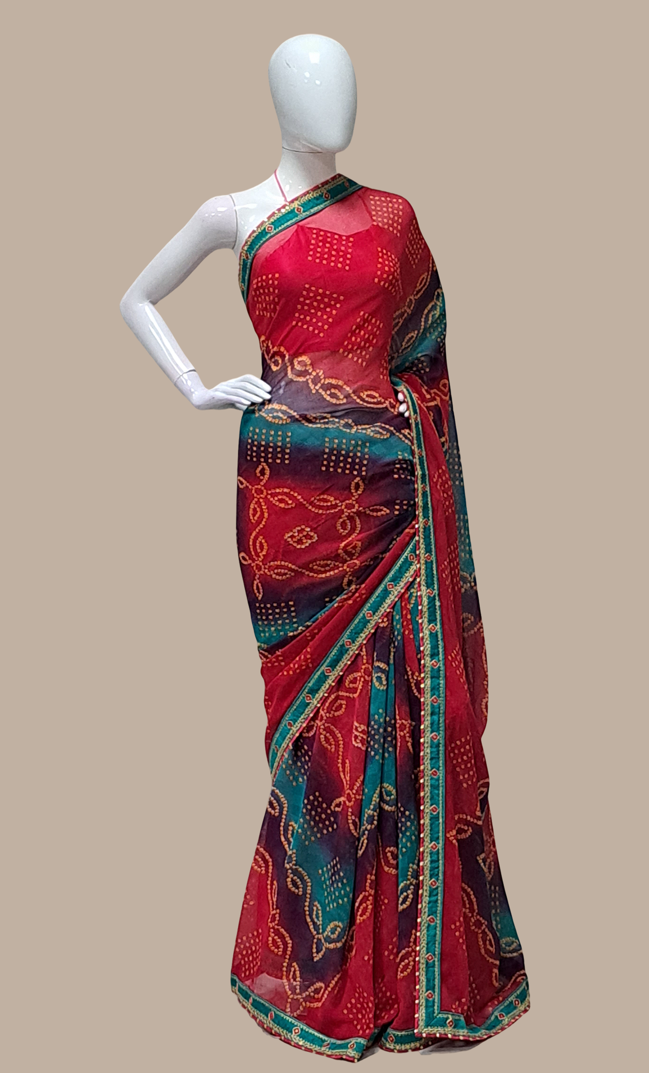 Deep Cherry Bandhani Printed Sari