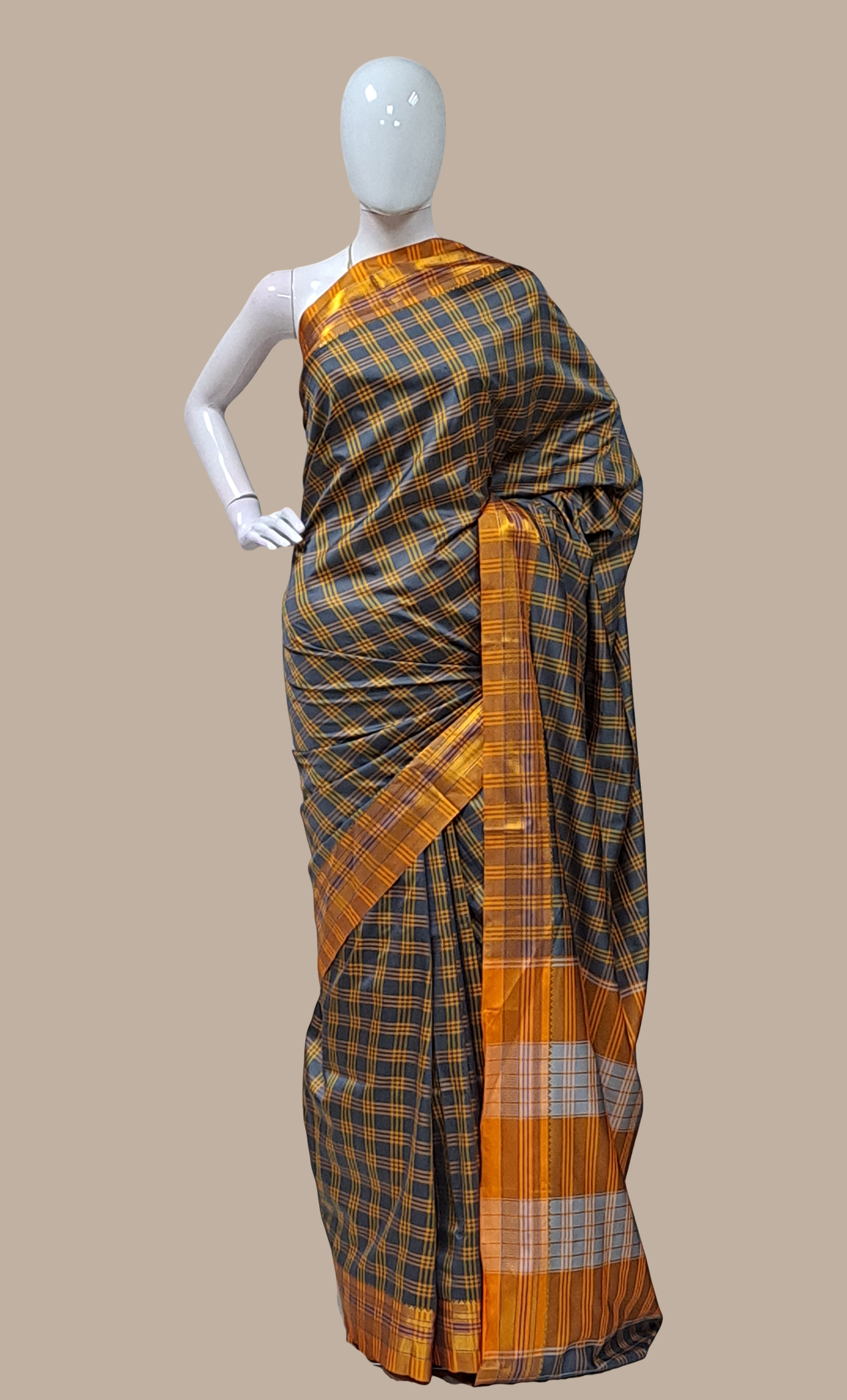 Deep Grey Check Kanjivaram Sari