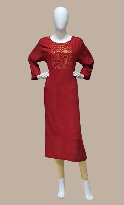 Deep Red Embroidered Kurti Top