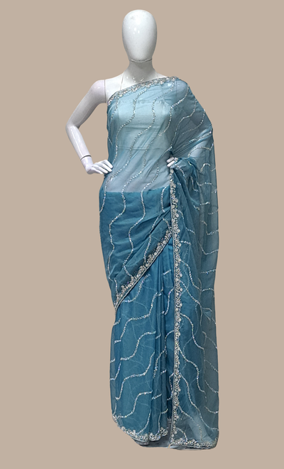 Pale Blue Embroidered Sari
