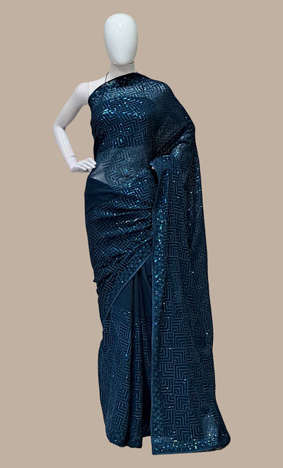 Dark Teal Sequin Embroidered Sari