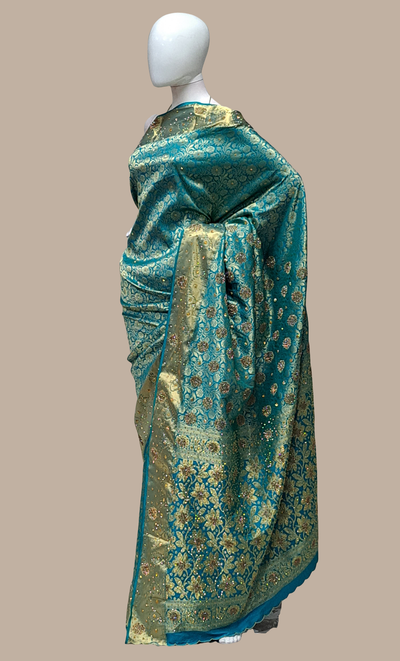 Turquoise Pure Silk Woven Sari