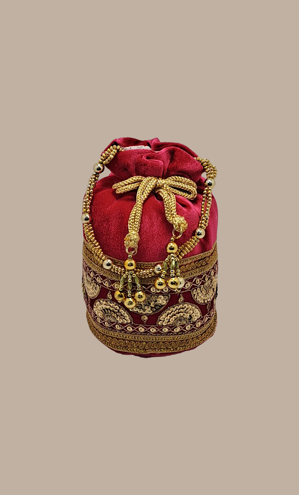 Cerise Velvet Embroidered Pouch Bag