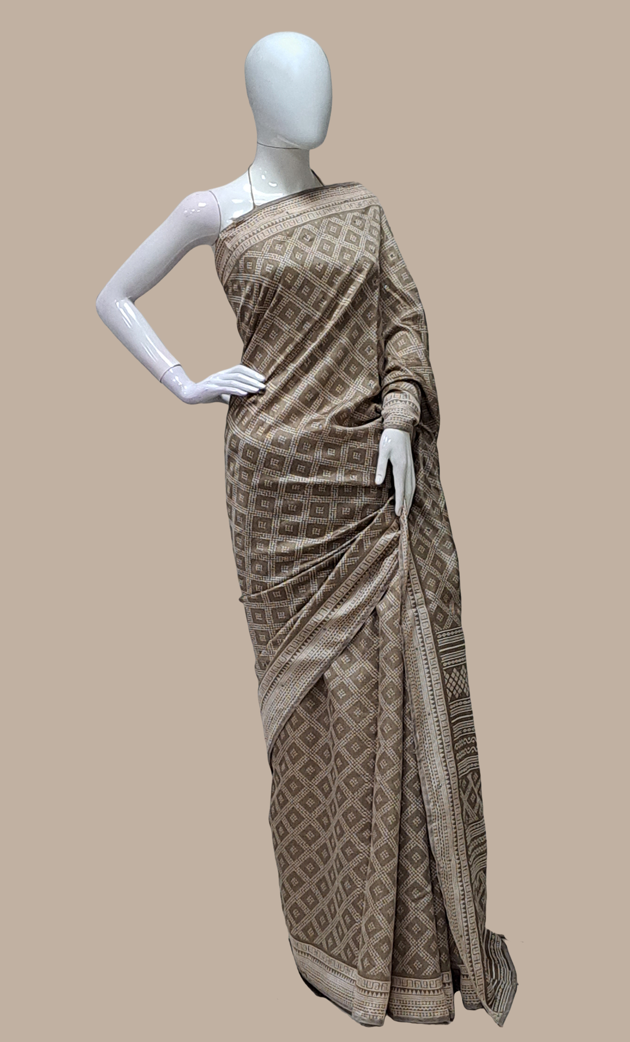 Dark Khaki Printed Cotton Sari