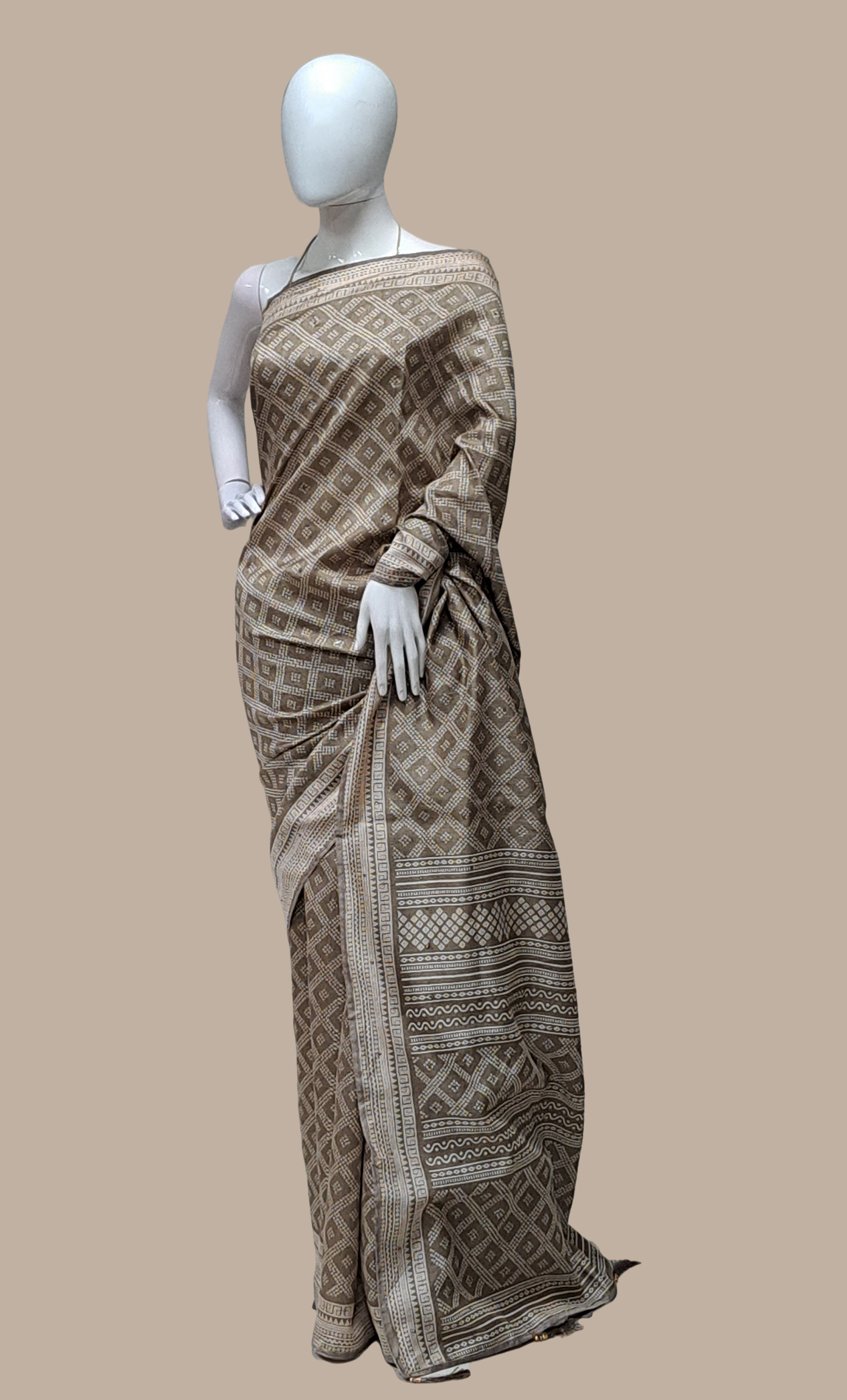 Dark Khaki Printed Cotton Sari