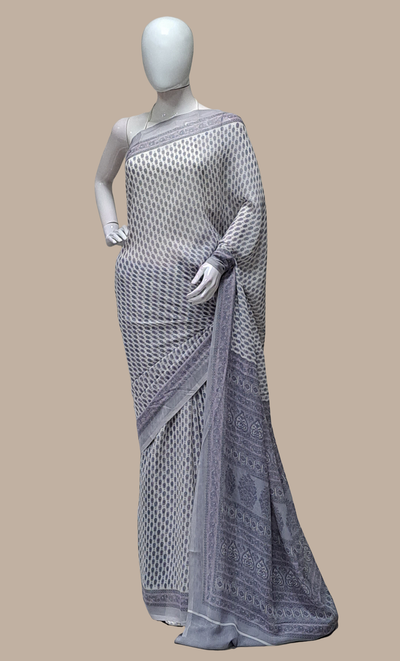Soft Grey Printed Sari