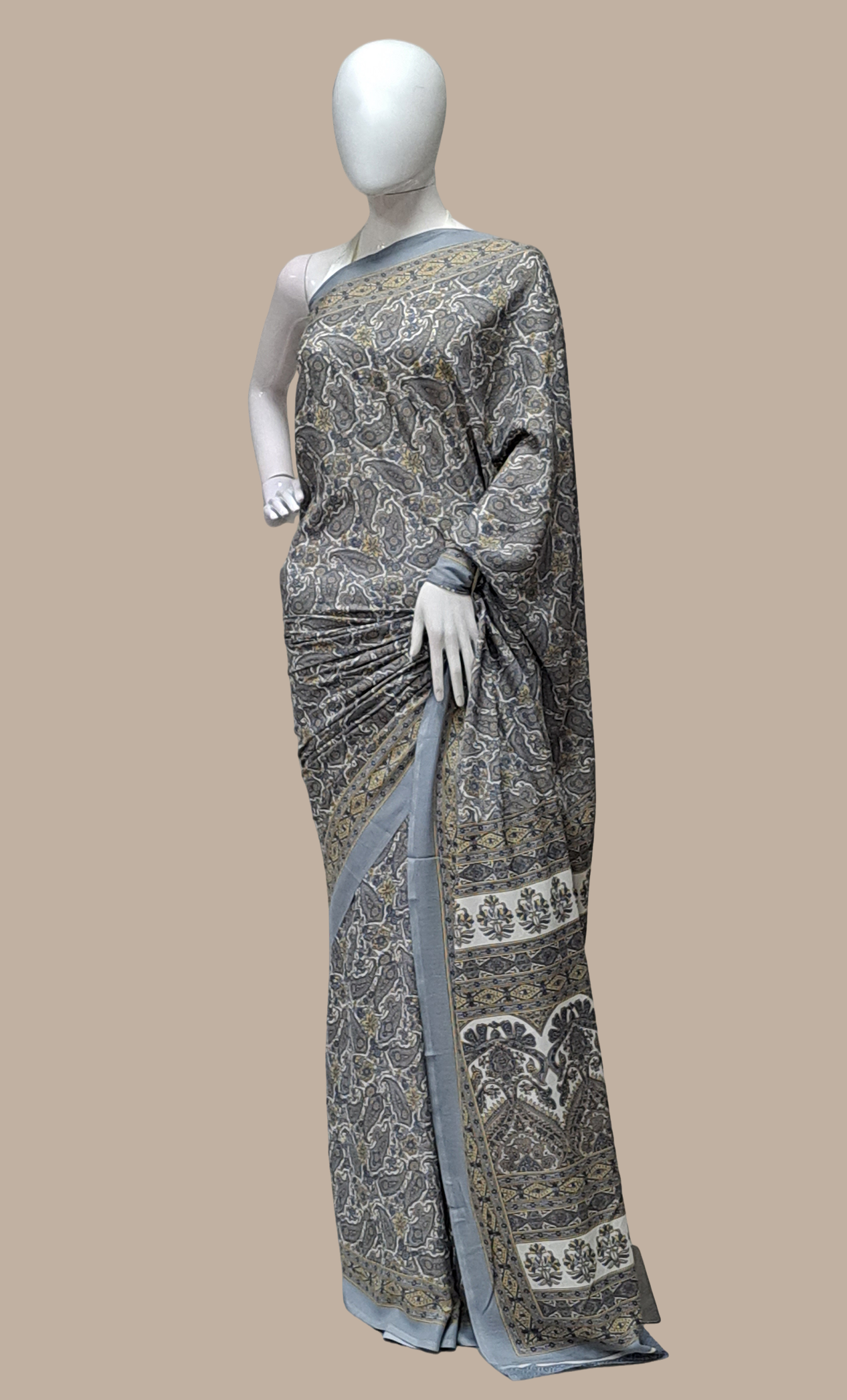 Deep Grey Printed Sari