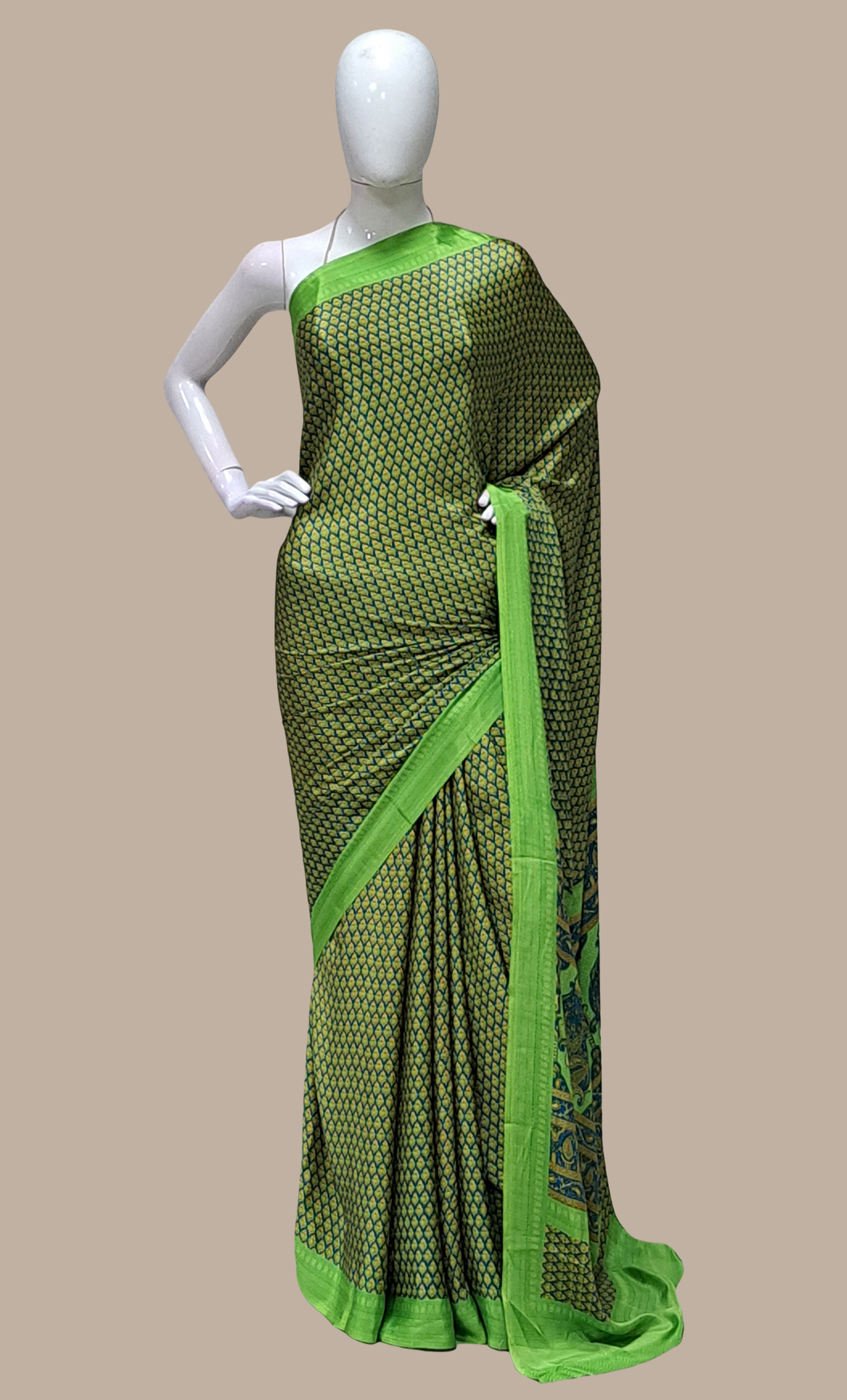 Lime Green Printed Sari