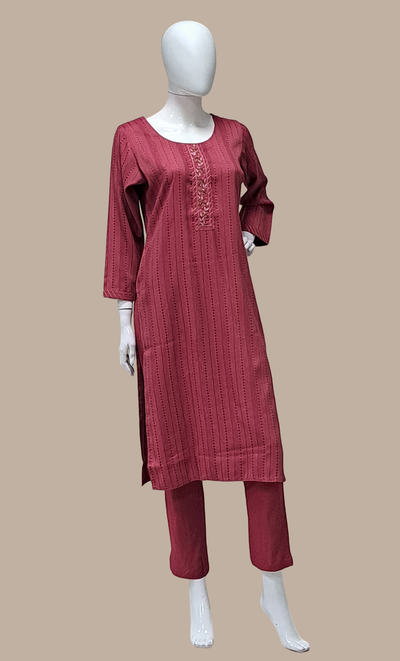 Dark Mink Embroidered Kurti Top & Pants