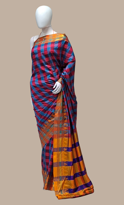 Turquoise Check Kanjivaram Sari