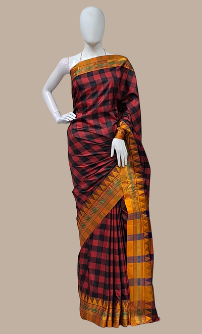 Black Check Kanjivaram Sari