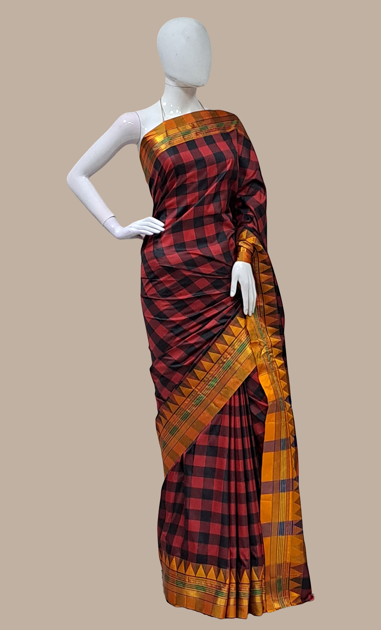 Black Check Kanjivaram Sari