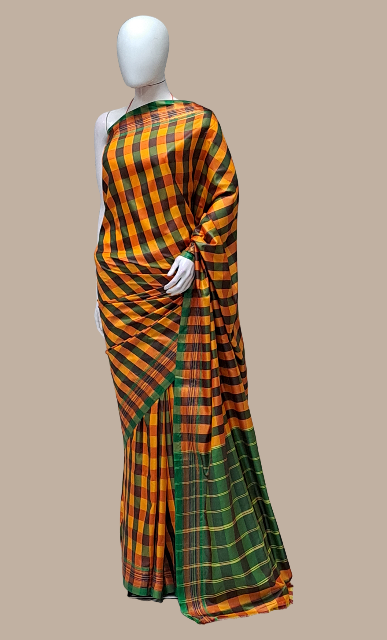 Orange Check Kanjivaram Sari
