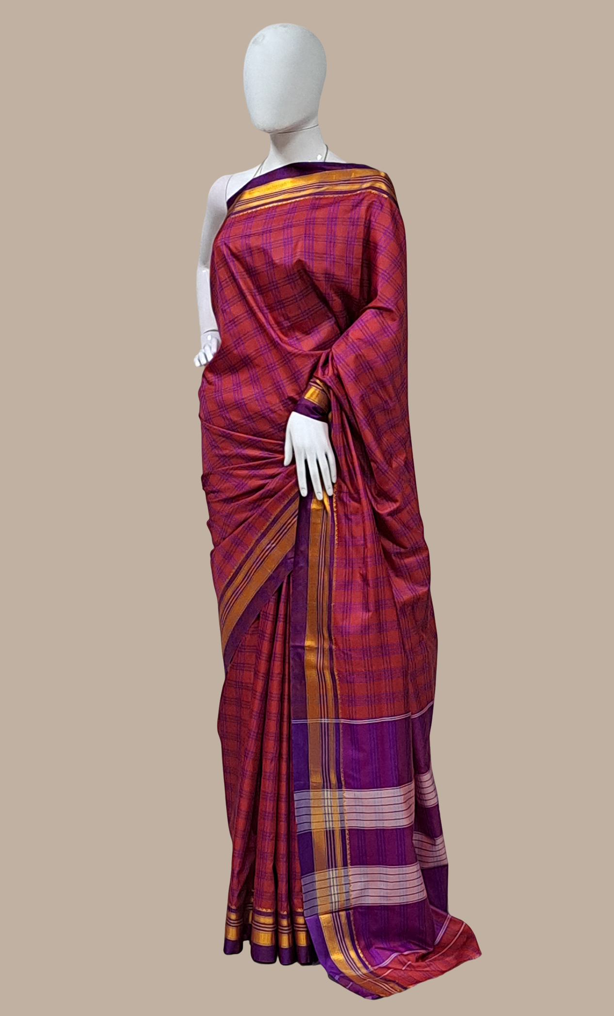 Deep Maroon Check Kanjivaram Sari