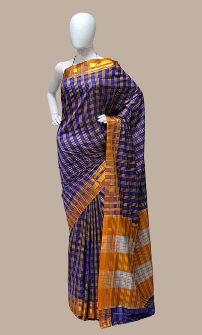 Royal Blue Check Kanjivaram Sari