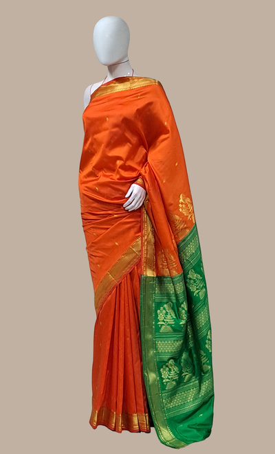 Deep Orange Kanjivaram Sari