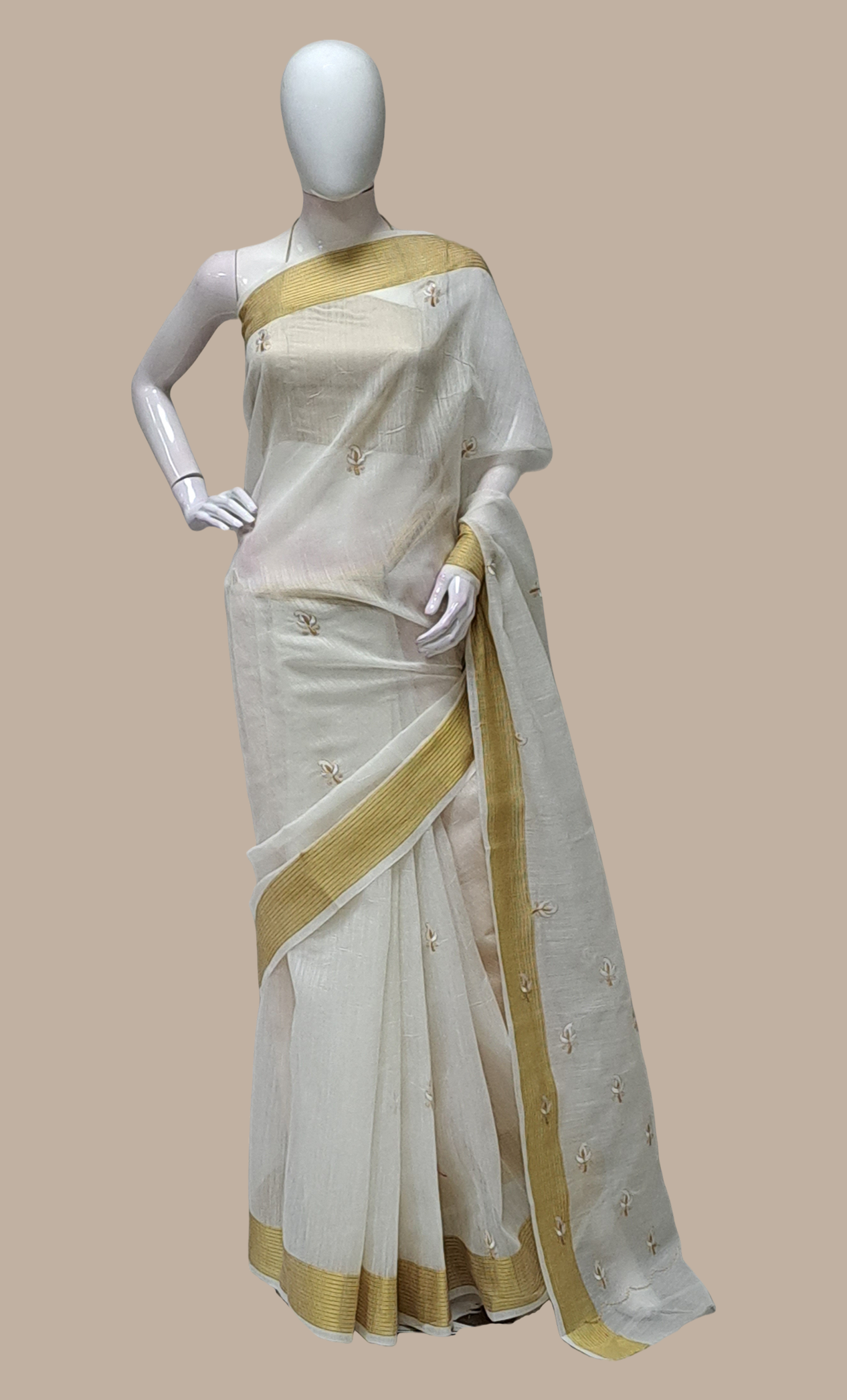 Cream Cotton Embroidered Sari