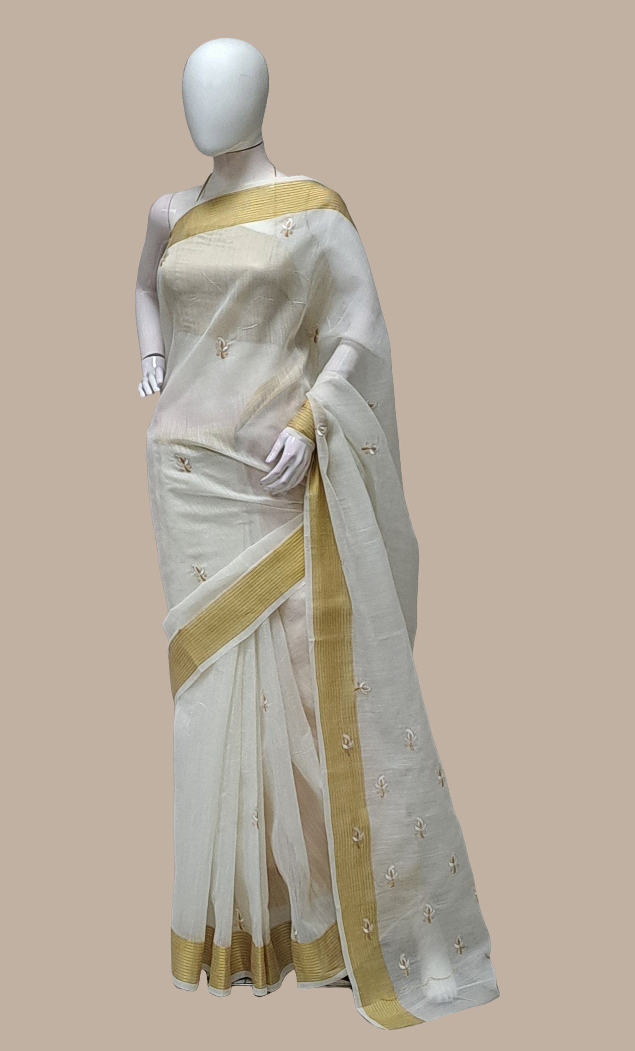 Cream Cotton Embroidered Sari