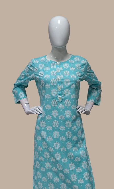 Aqua Blue Printed Kurti Top