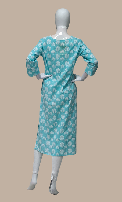 Aqua Blue Printed Kurti Top