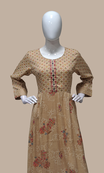 Deep Beige Bandhani Printed Kurti Dress