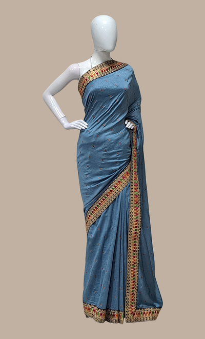 Blue Grey Embroidered Art Silk Sari