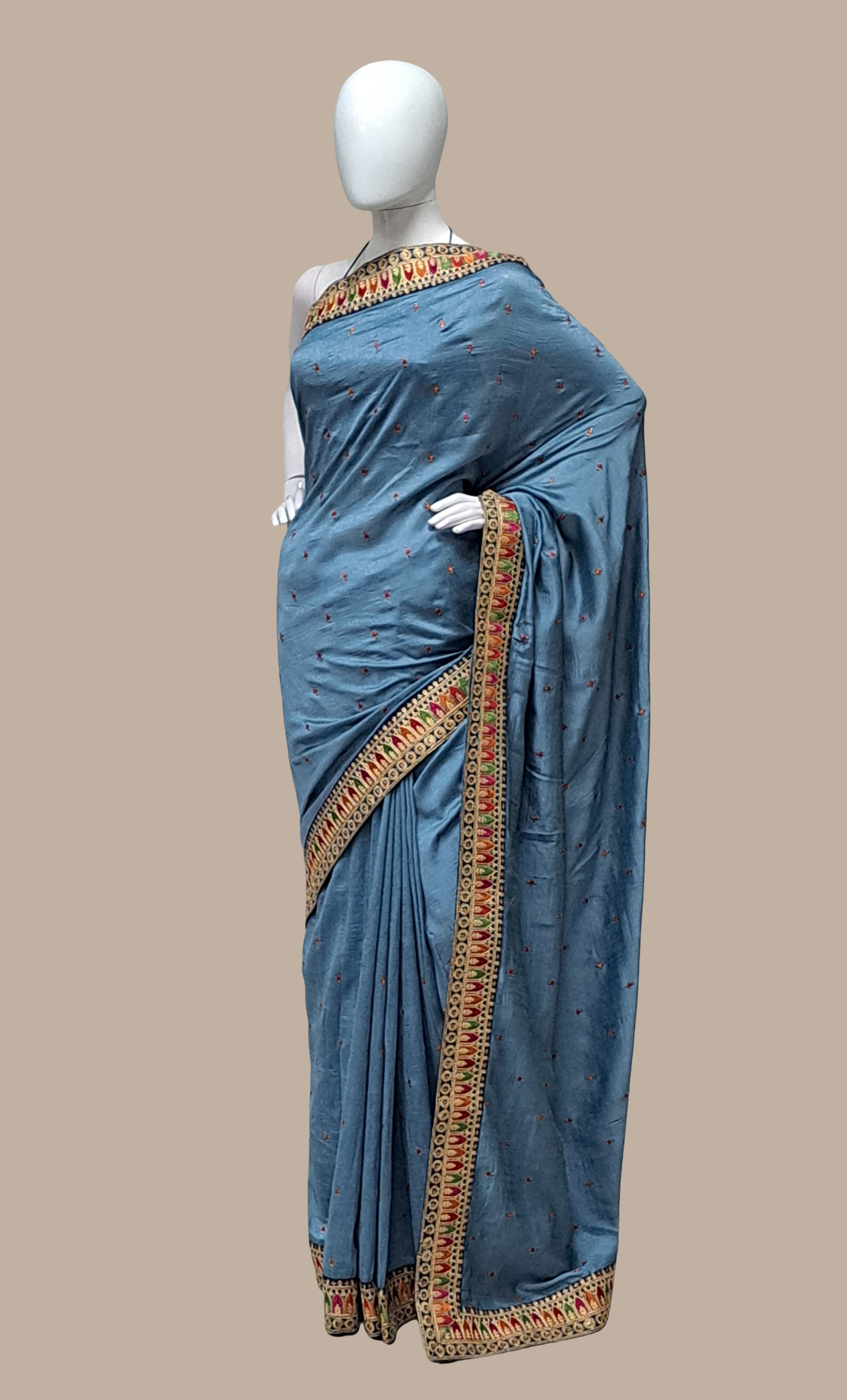 Blue Grey Embroidered Art Silk Sari