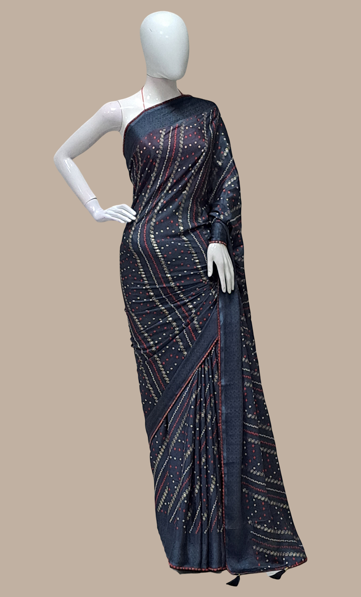 Deep Grey Bandhani Printed Sari