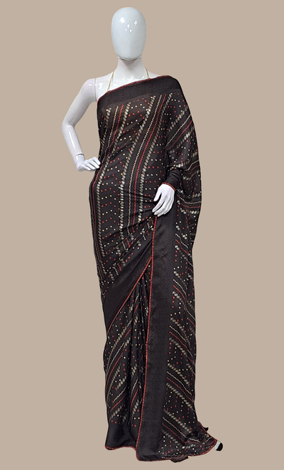 Dark Brown Bandhani Printed Sari