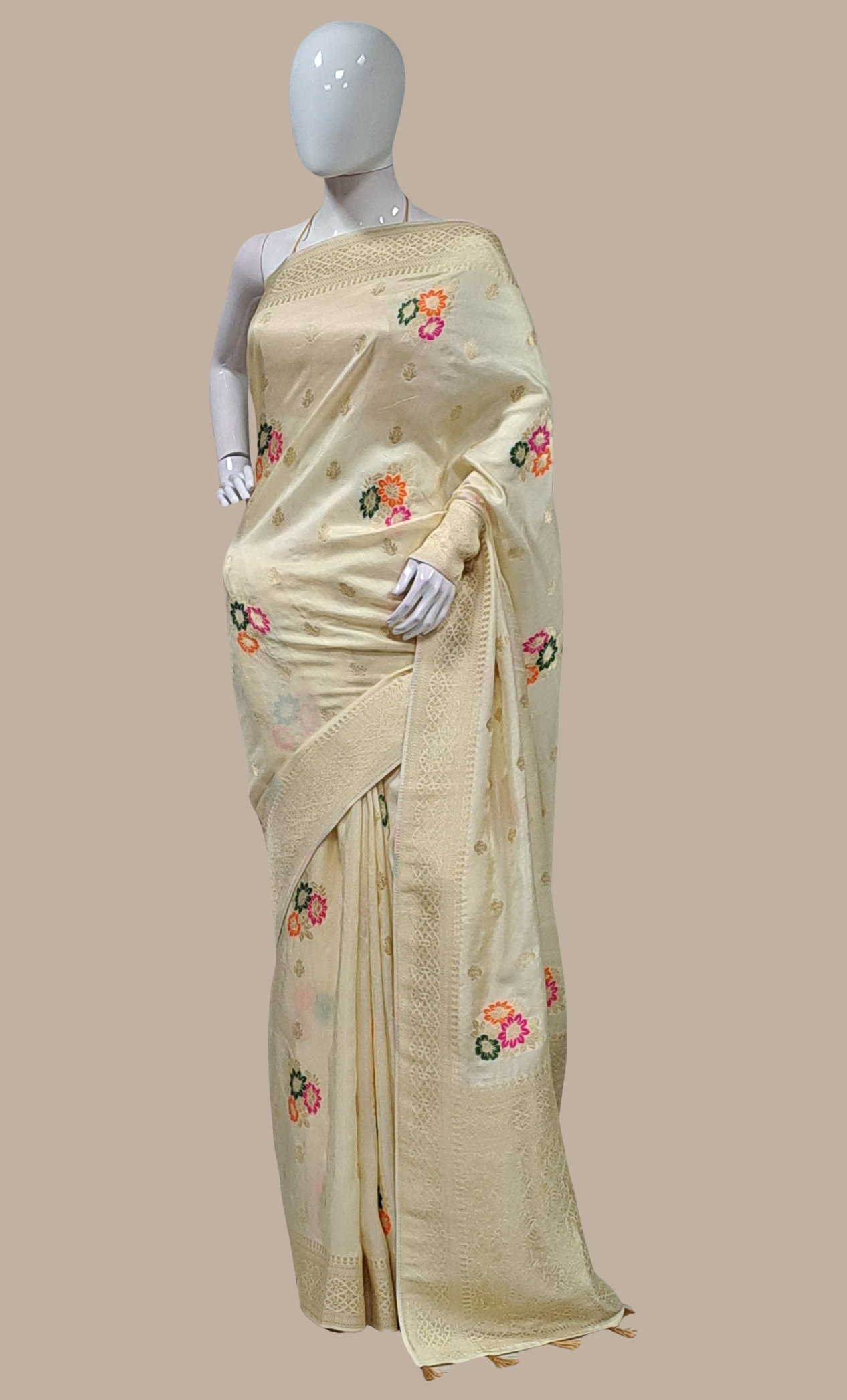 Cream Woven Art Silk Sari