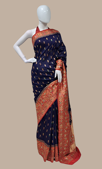Navy Blue Embroidered Art Silk Sari