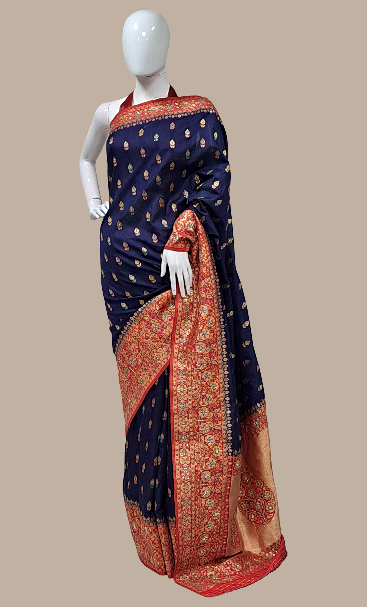Navy Blue Embroidered Art Silk Sari
