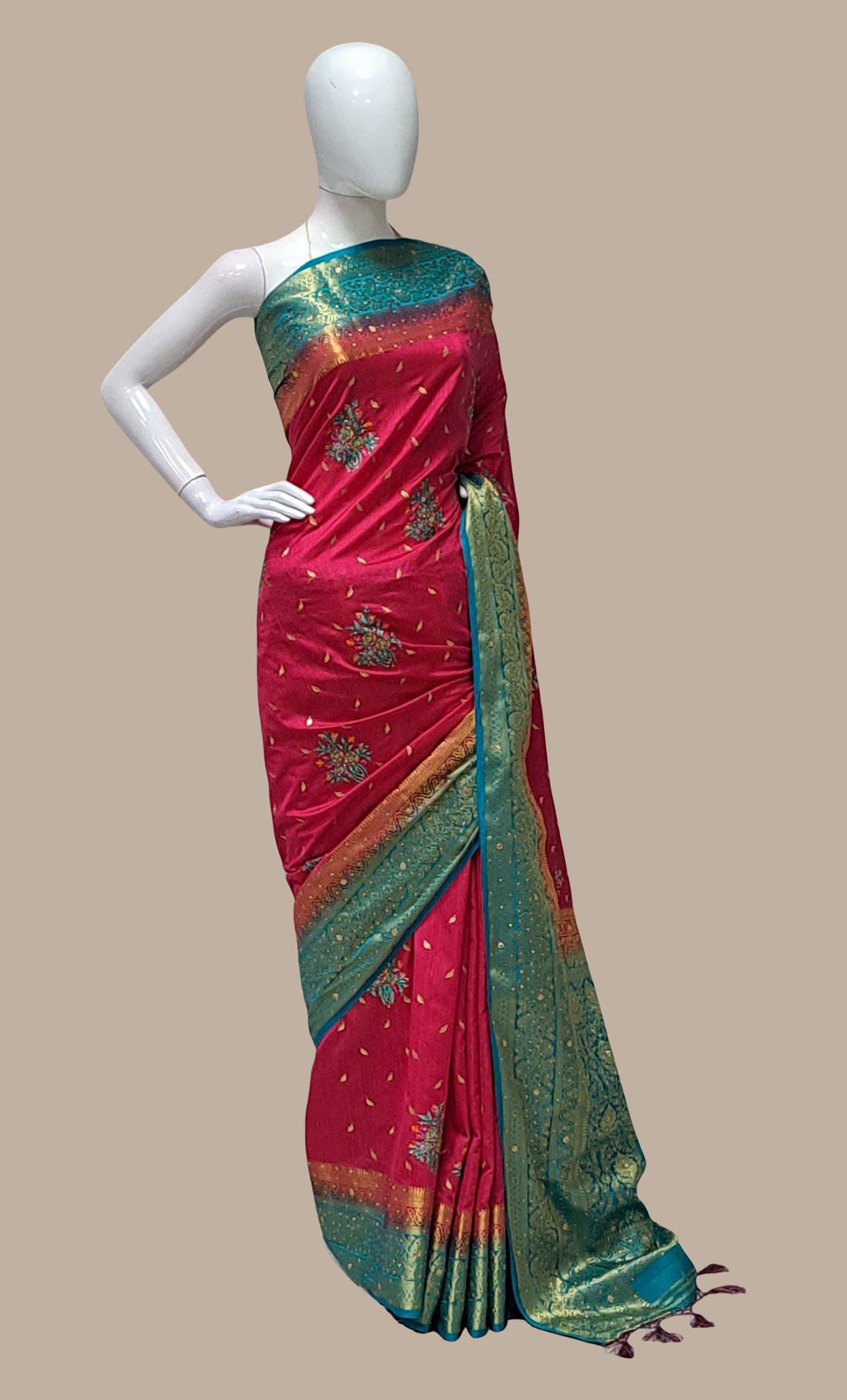 Deep Cerise Embroidered Art Silk Sari