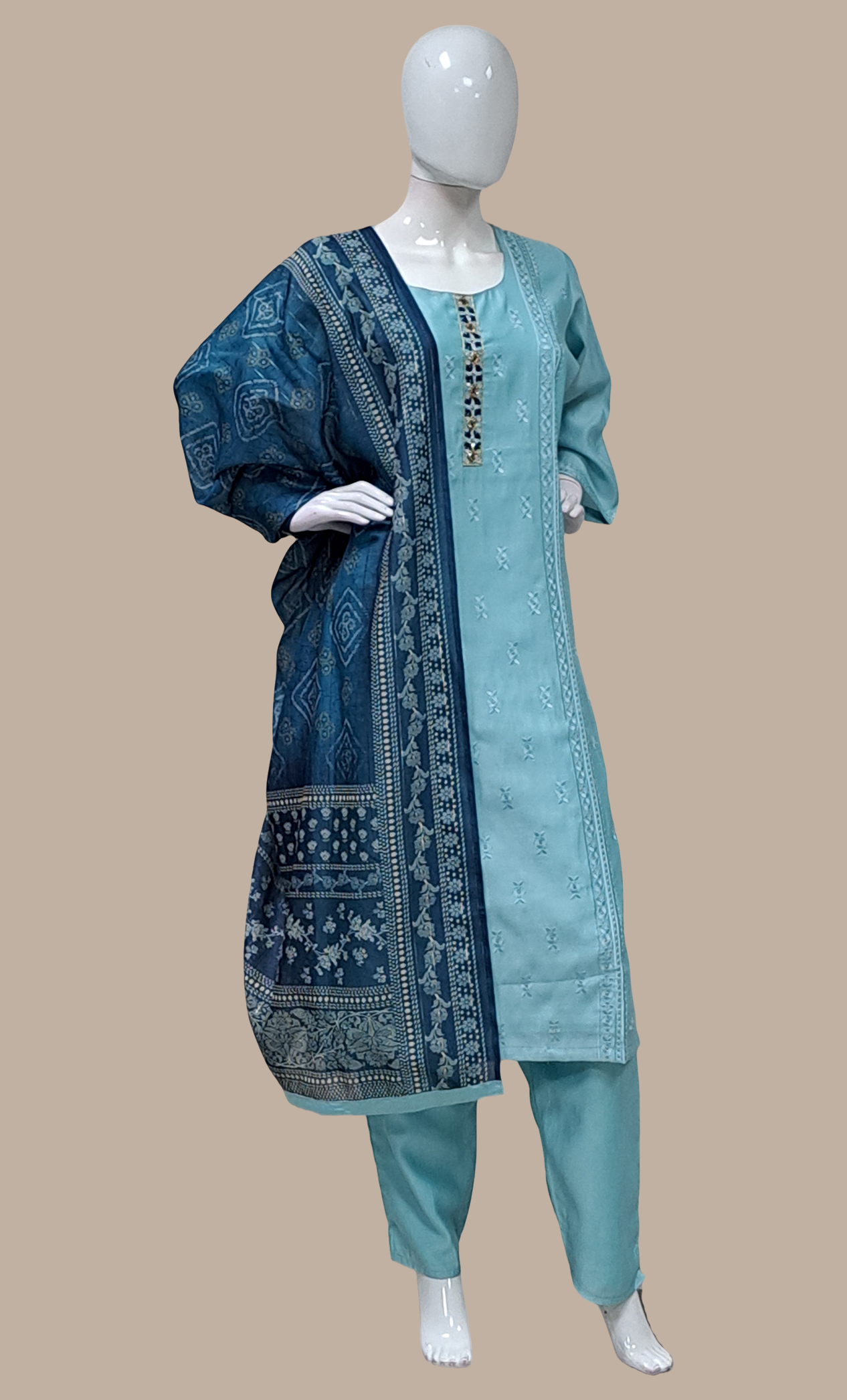 Soft Aqua Embroidered Punjabi