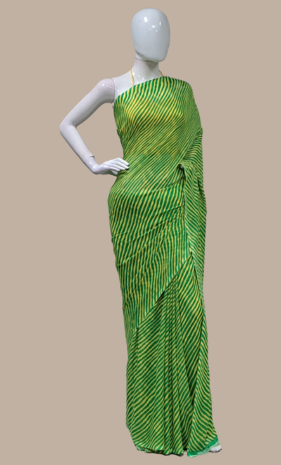 Deep Green Striped Printed Sari