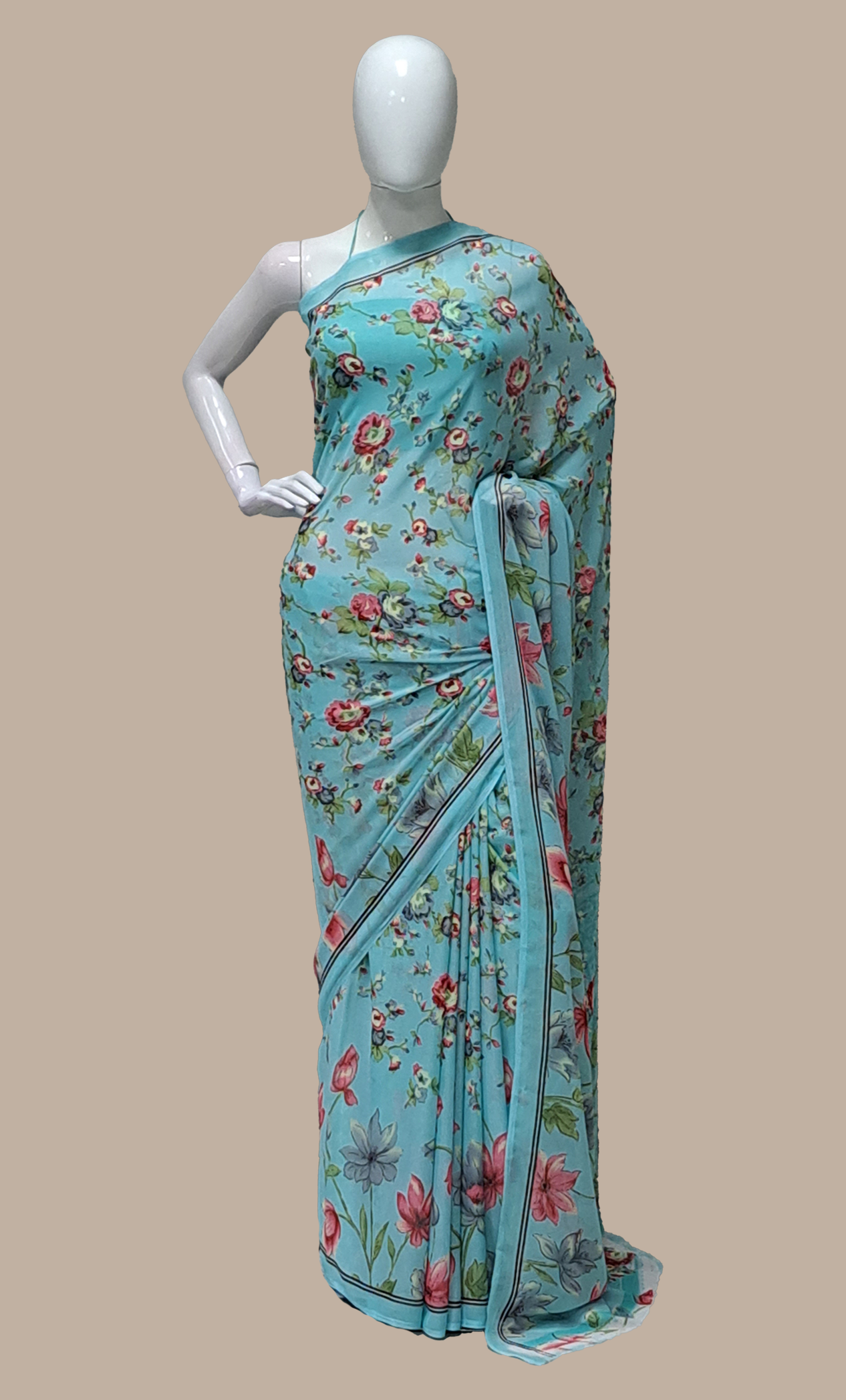 Sea Blue Floral Printed Sari