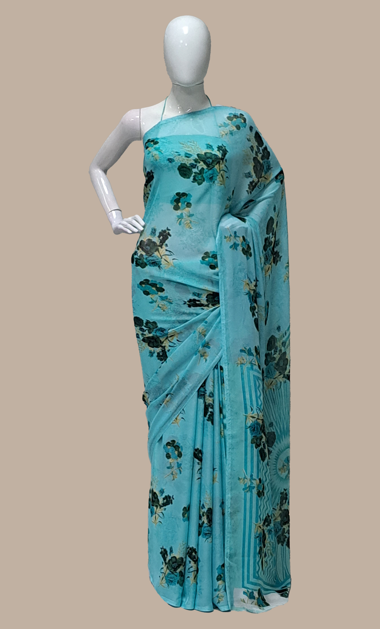Aqua Floral Printed Sari