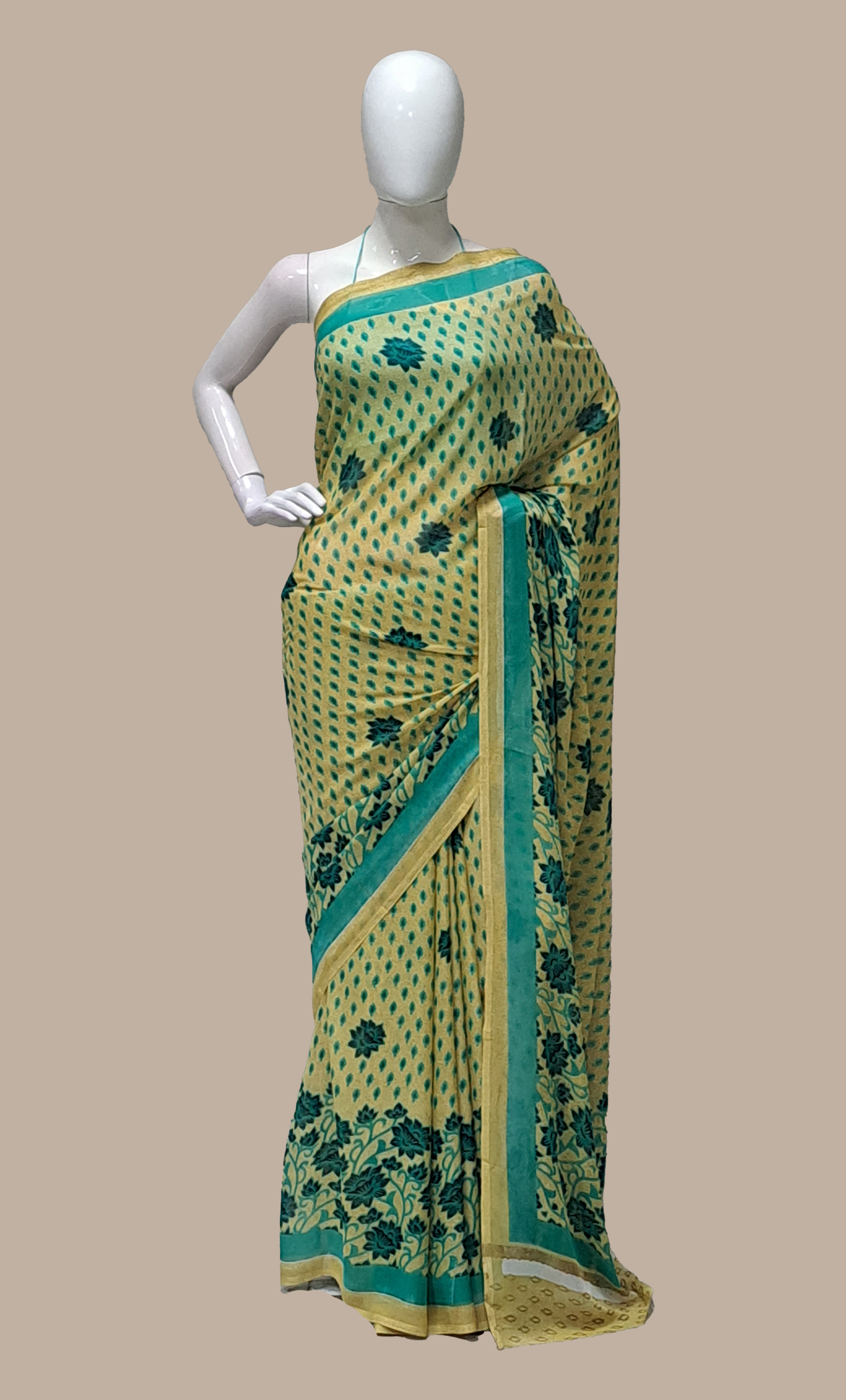 Beige Floral Printed Sari