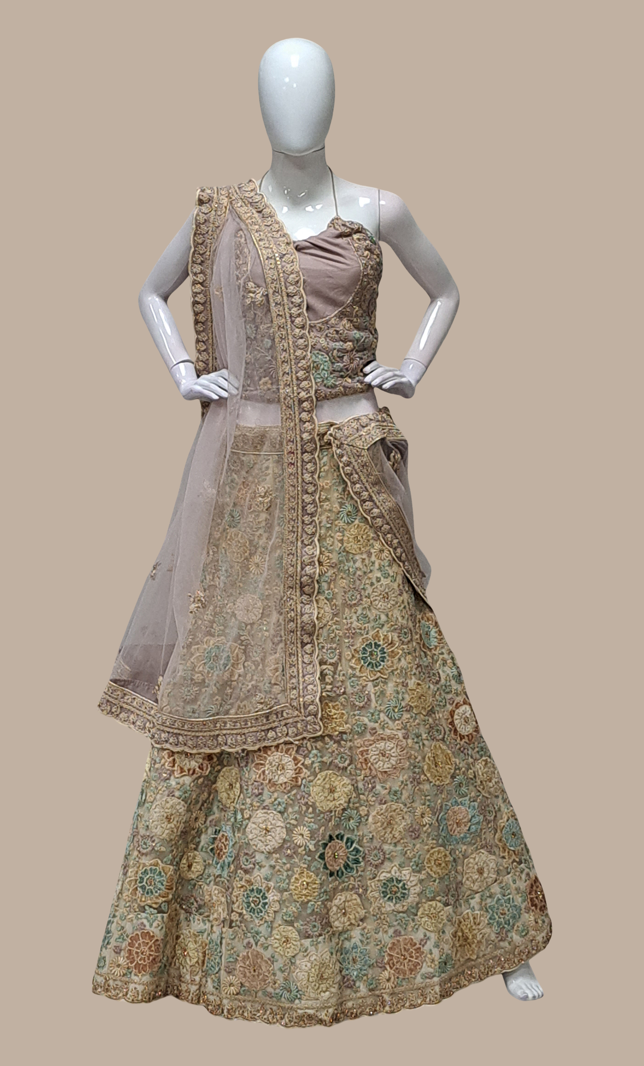 Biscuit Embroidered Lengha