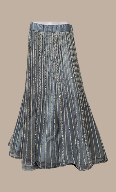 Grey Mirror Work Embroidered Lengha
