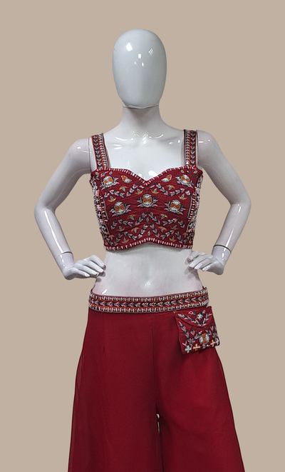 Rose Red Embroidered Palazzo Set