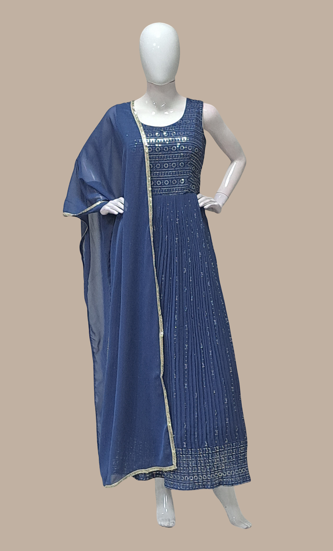 Intel Blue Embroidered Gown & Dupatta
