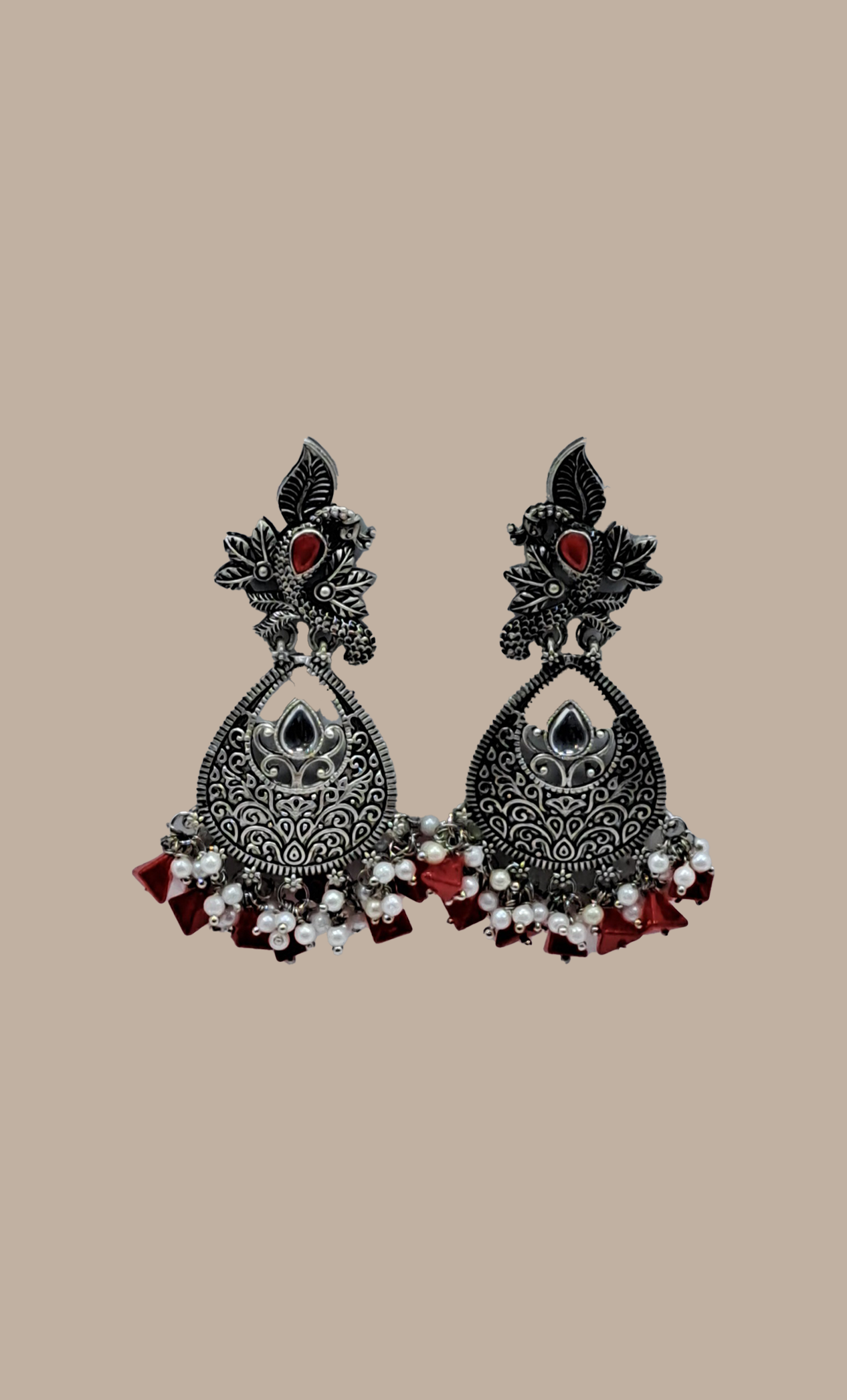 Red Beadwork Drop Earrings