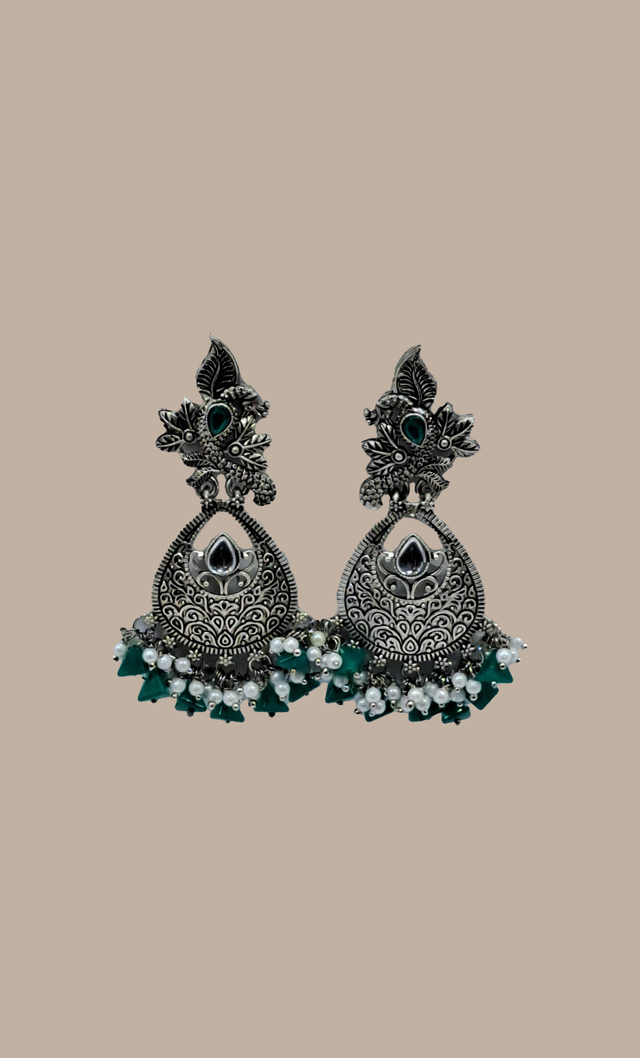 Green Beadwork Drop Earrings