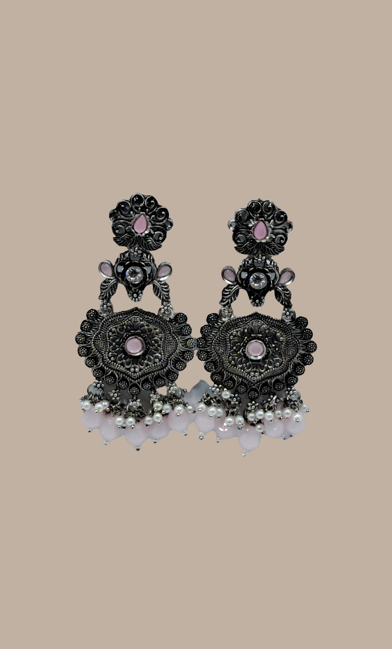 Pastel Pink Beadwork Drop Earrings