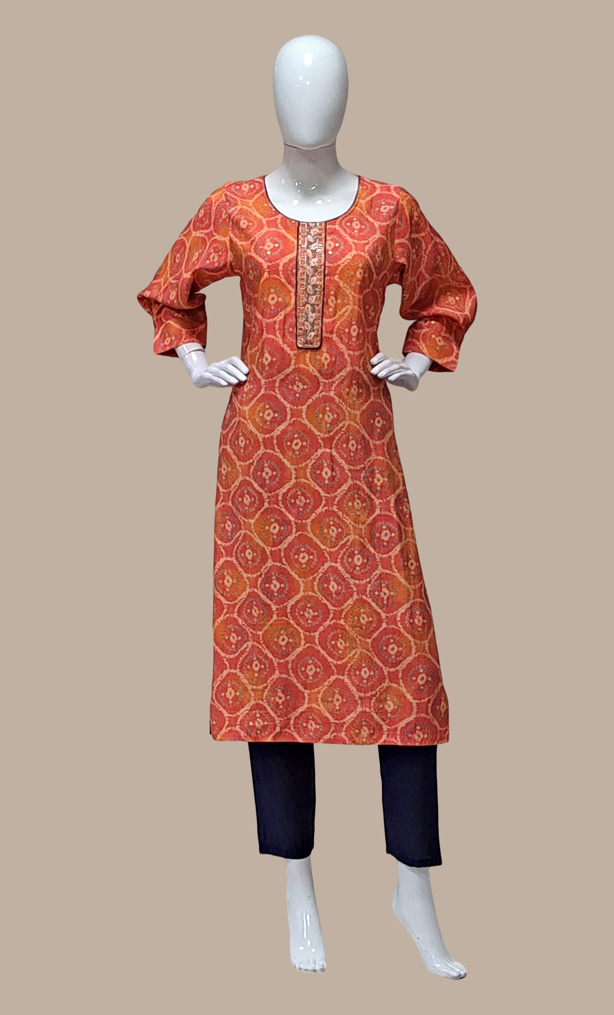 Deep Orange Printed Kurti Top & Pants