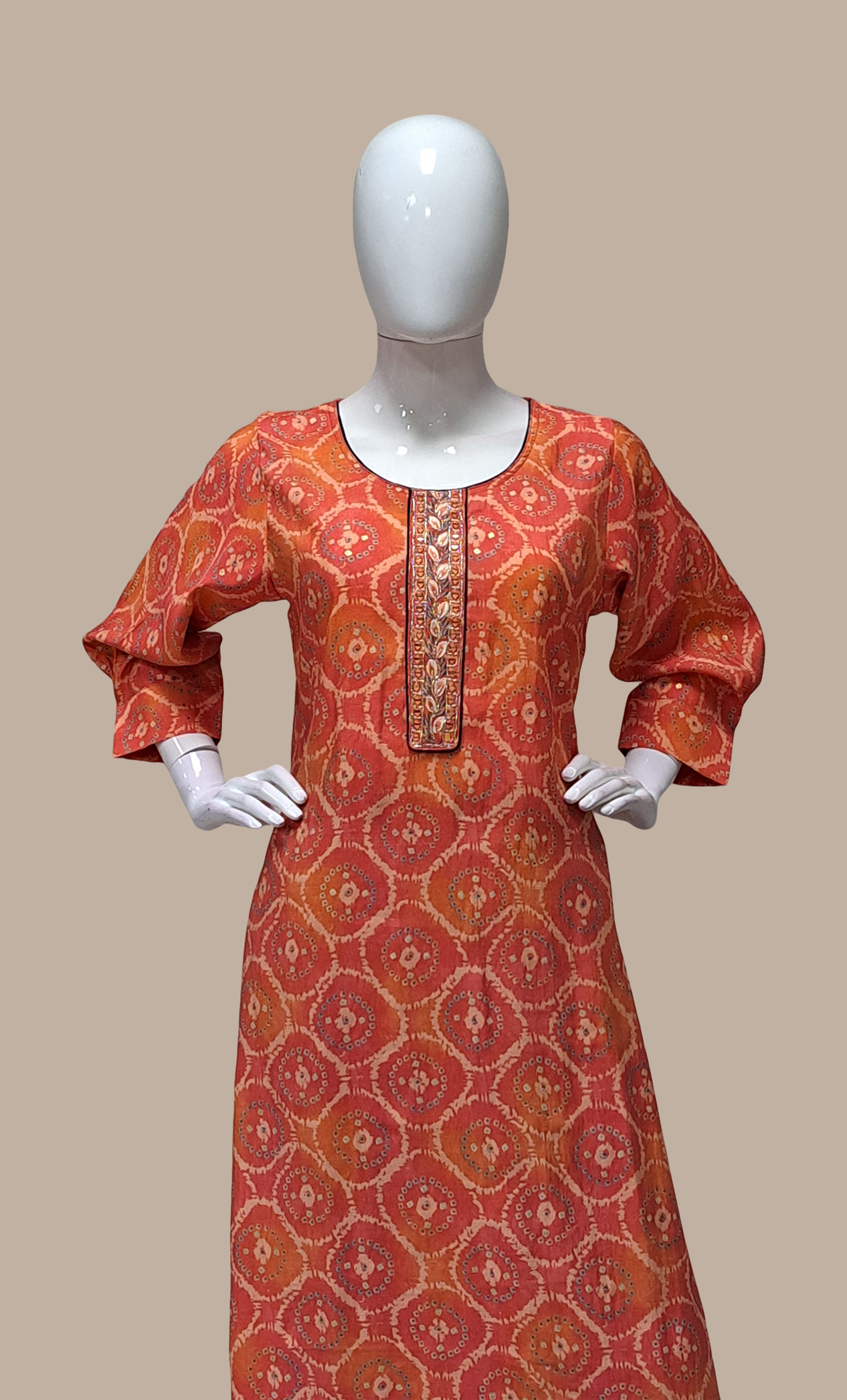 Deep Orange Printed Kurti Top & Pants