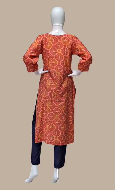 Deep Orange Printed Kurti Top & Pants